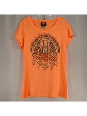 Harley Davidson Womens L Neon Orange Ride to Live T-Shirt South East Bedford OH